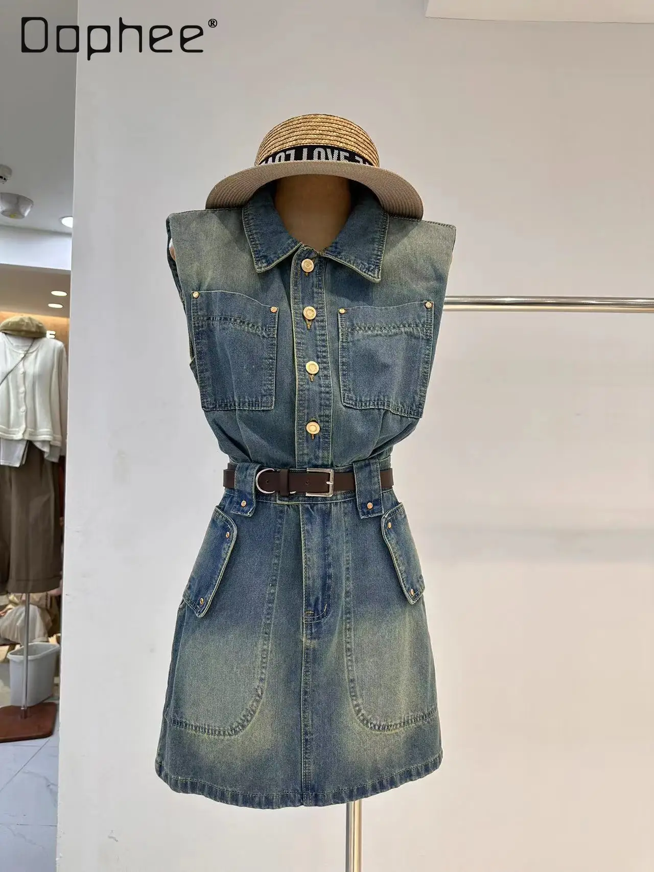 

Korean Style Denim Dresses Women Turn Down Collar Sleeveless Single-breasted Pockets Jeans Short Dress Elegant Chic Female Trend