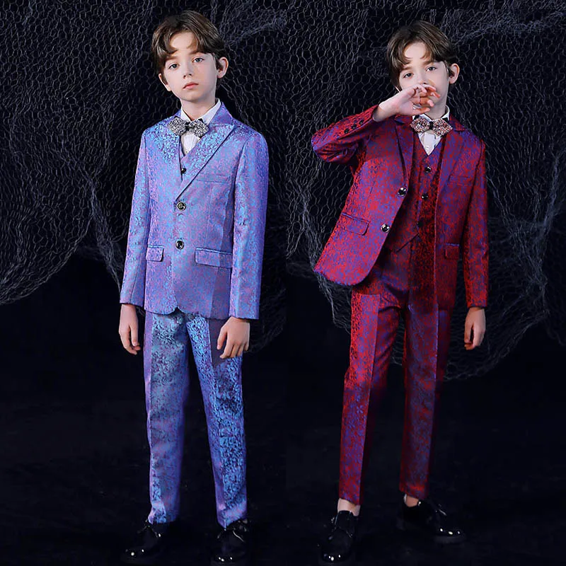 

Children Shining Purple Red Slim Luxurious Jacket Vest Shirt Pants Bowtie 5P Dress Boys Photograph Suit Kids Performance Costume