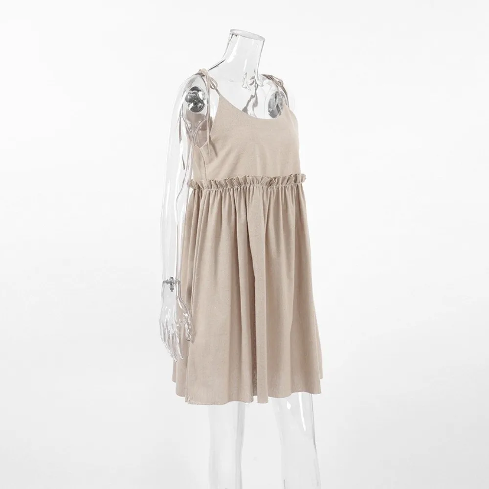 Linen Cotton Dress Garment Vacation Style Brown Tone A Line Skirt Sling Strap Loose Cut Linen Cotton Wear Island Holiday
