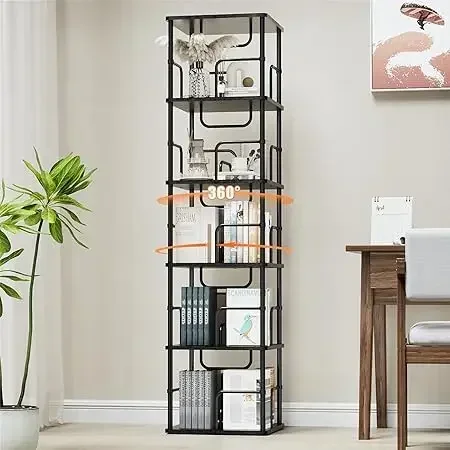 5 Tier Square Rotating Bookshelf, 360 ° Display Stackable Spinning Bookshelf Tower, Space Saving Tall Floor Standing  , Black