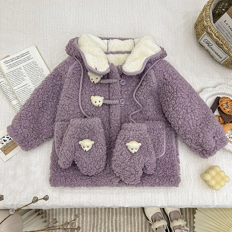 Autumn Winter kids Girls Coat Little Bear Fluffy Thickened Warm Baby Girls outerwears hooded children girls jakcet with scarf