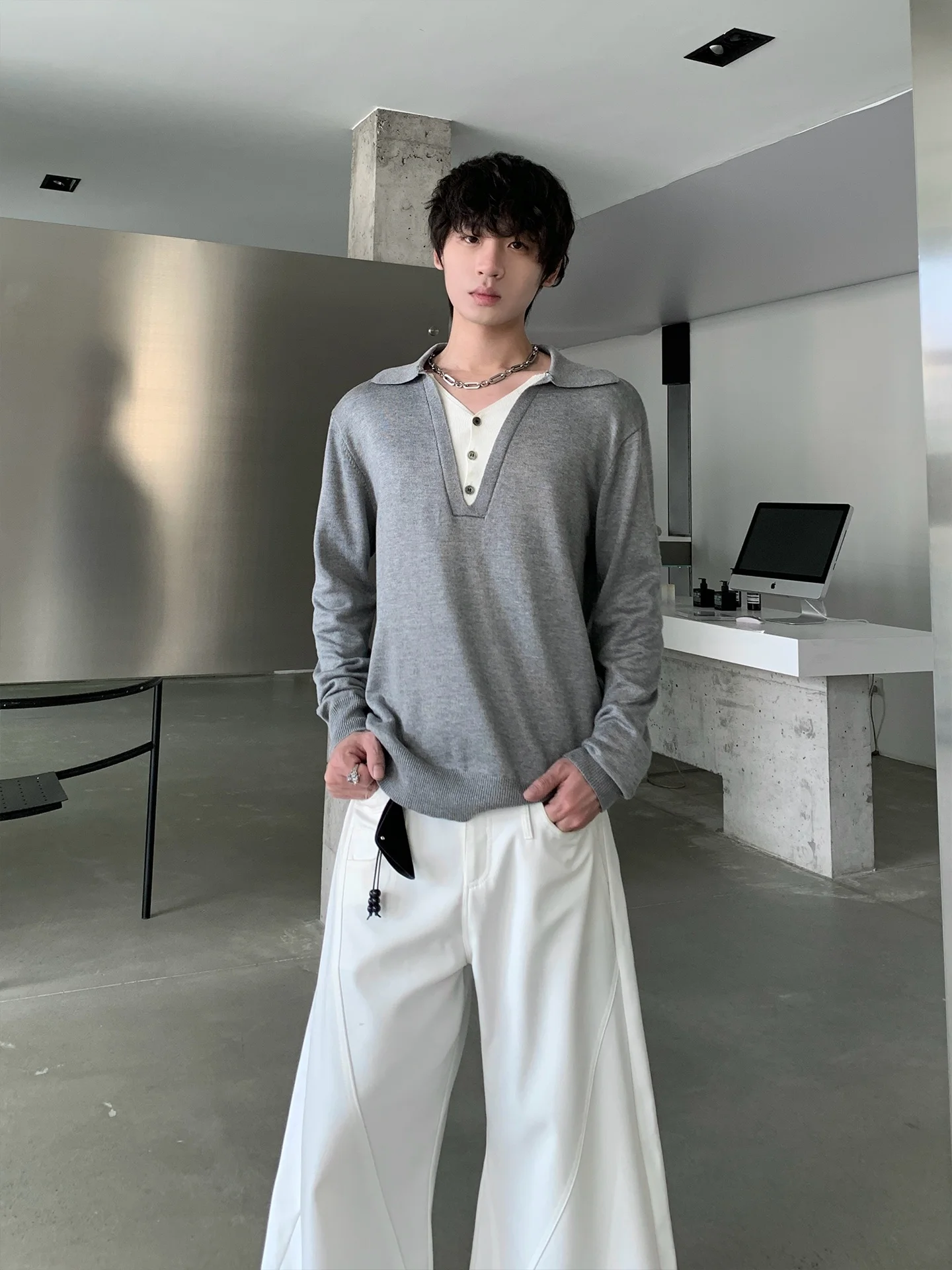 Fashionable Color Block Long Sleeve  Shirt Simple Stylish Versatile Men's Casual Wear Breathable Comfortable V-Neck Butto...