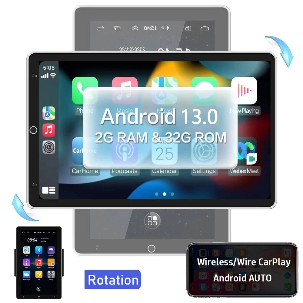 Android 13 Vertical Rotatable Screen Quad Core Car Multimedia for Universal Autoradio 2G+32G with Apple/Android CarPlay GPS BT