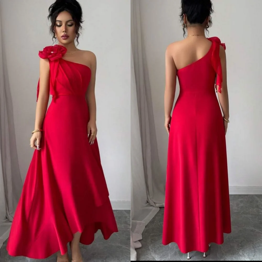 

Customized Elegant Casual Chiffon Handmade Flower Rhinestone Pleat Straight One-shoulder Hi-Lo Dresses Bespoke Occasion Dresses