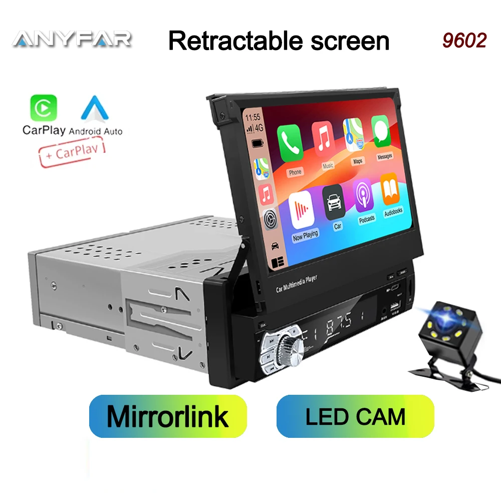 1 Din HD Touchscreen 7 Inch Flip Out Car Stereo Car Radio Receivers Support Carplay & Android Auto with Bluetooth Backup Camera