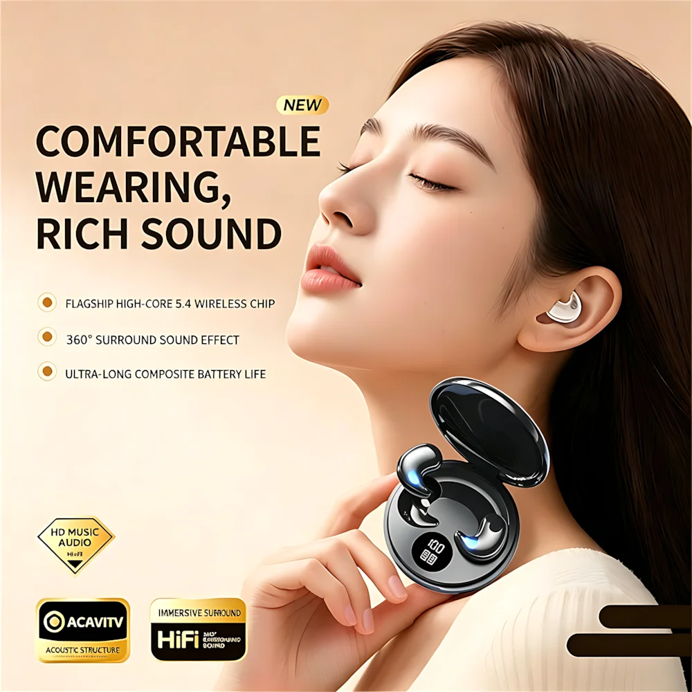 TWS New Bluetooth Earplug In-ear Wireless Sleep Headphone Round Portable Touch Power Digital Display Long Battery Life Earphones