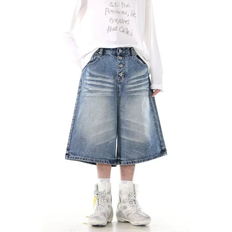 Summer Women's Cat Whisker Breasted Denim Shorts Retro Blue Half Trousers Wide Leg Streetwear Female Unisex Calf-length Pants