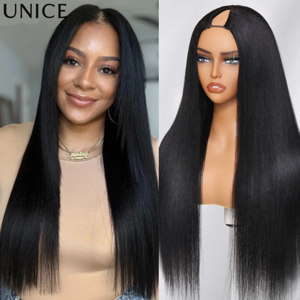 UNice Natural Black Yaki Straight V Part Wig With Drawstring No Glue No/ Minimal Leave-out Beginner Friendly Yaki V Shape Human Hair Wigs