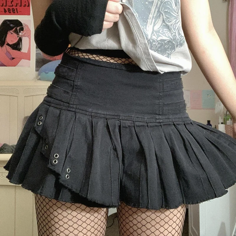 

Preppy Kawaii Dark Academia Pleated Skirt Punk Grunge Gothic E-girl Retro Goth Mall Black Mini Skirt Y2K Aesthetics Clothes