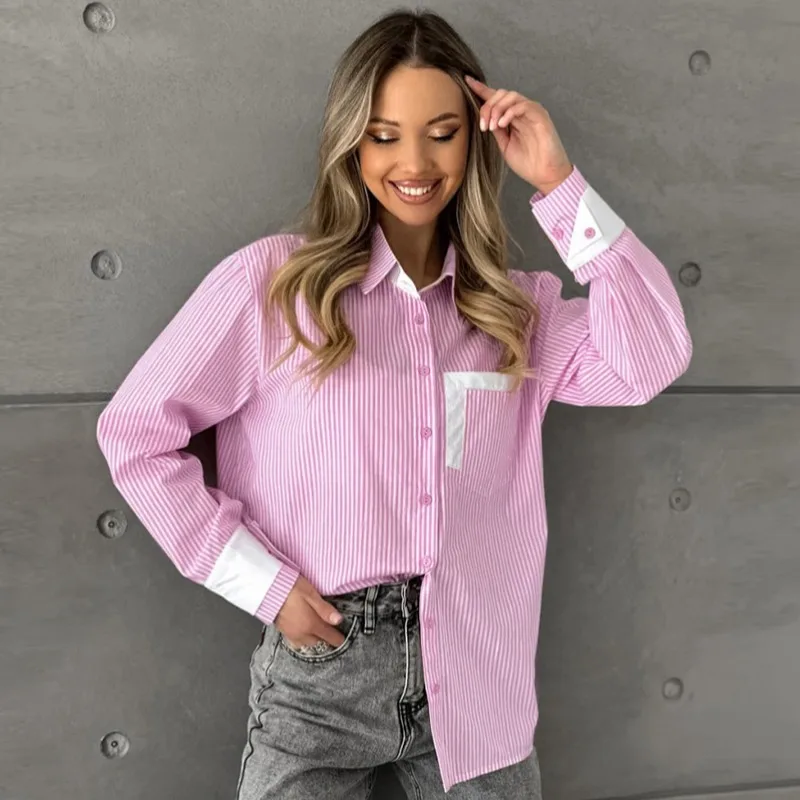 Trendix Pink Striped Shirt For Women Fashion Patchwork Long Sleeve Casual Pocket Shirts 2024 Autumn Street Loose Trendy Cardigan
