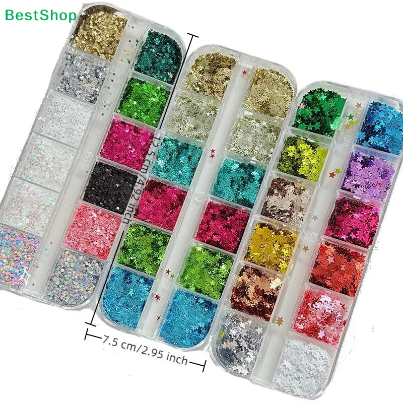 ♥ مجموعة لامعة لفن الأظافر على شكل نجمة مكونة من 12 حجرة مقاس 2 مم |   ترتر متعدد الألوان لديكور المانيكير