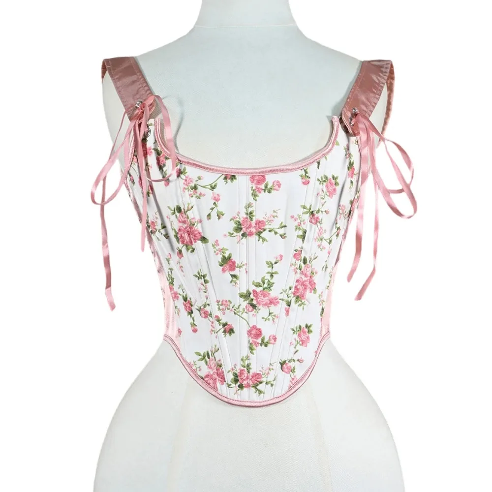 

Женский корсет, жилет, винтажное бюстье с завышенной талией и цветочным принтом на шнуровке, лиф с косточками, тренажер для тела, нижнее белье корсет, укороченные топы