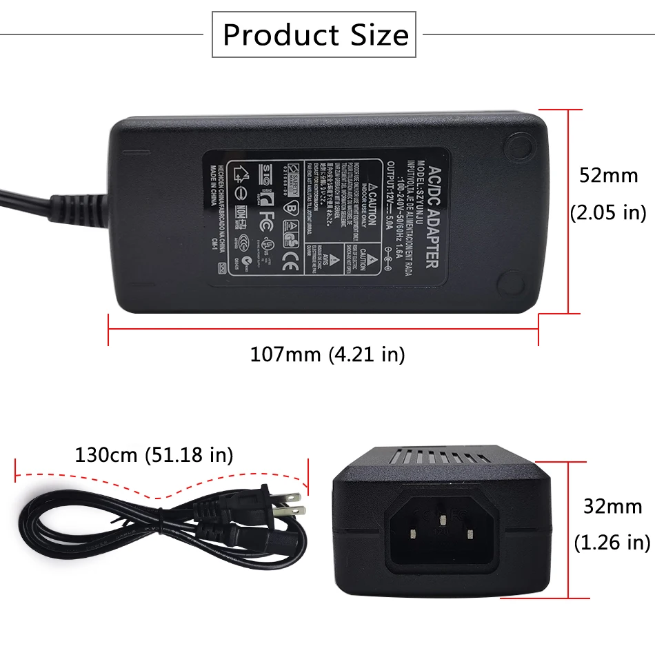 Imagem -02 - Transformador de Iluminação 85265vac do Adaptador 60w 12v 5a da Fonte de Alimentação do Diodo Emissor de Luz para Dc12v para Ws2811 5050 2835 Diodo Emissor de Luz Stirp Cctv Conduziu a Lâmpada