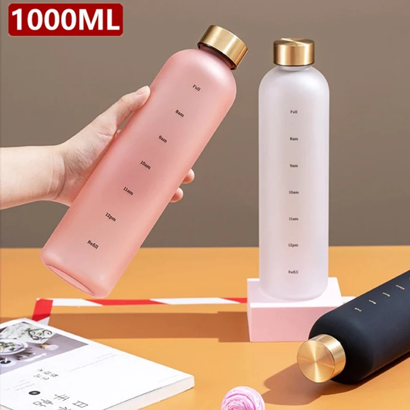 Matte Water Bottle 1000ml Plastic Water Cup With Lid Frosted Drinking Bottle For Girls With Time Marker Tea Drinkware Kitchen