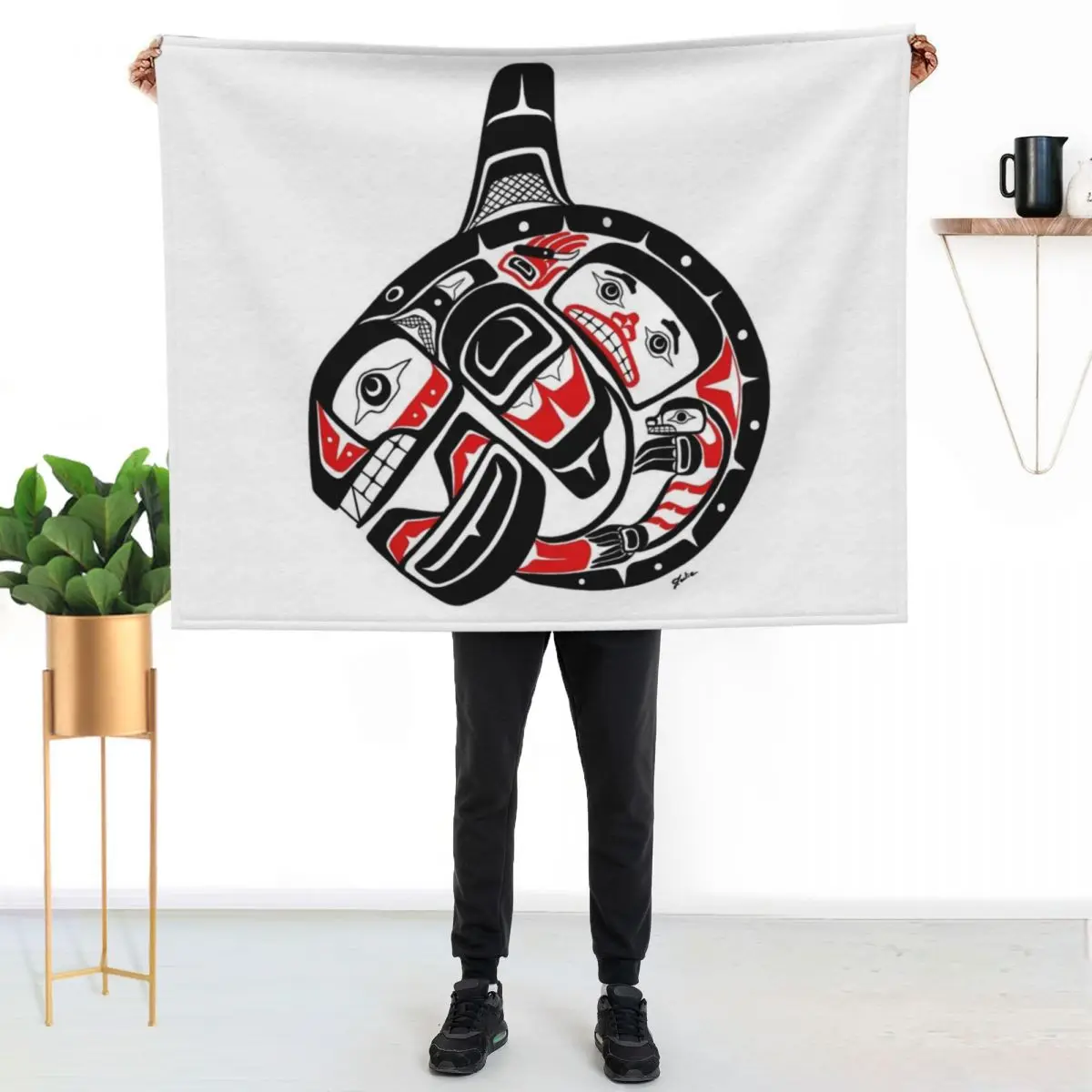 BLACKFISH - PNW Alaska, Tlingit style orca killer whale Throw Blanket for babies Decorative Sofa Flannel Fabric Travel Blankets