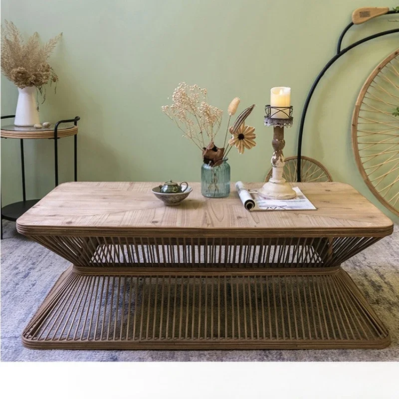

Retro wabi silent wind solid wood square coffee table household log creative table small apartment living room