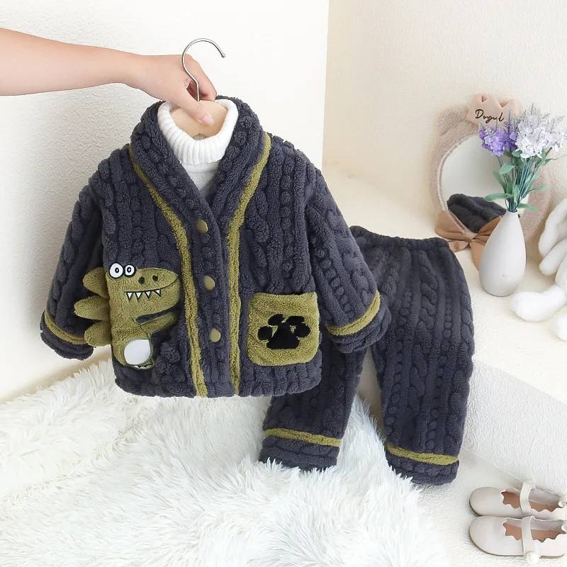 

2025 детский фланелевой пижамный комплект для мальчиков, зима-осень, утепленный детский комплект одежды для сна с милыми героями мультфильмов, коралловый бархатный пижамный комплект, одежда для дома