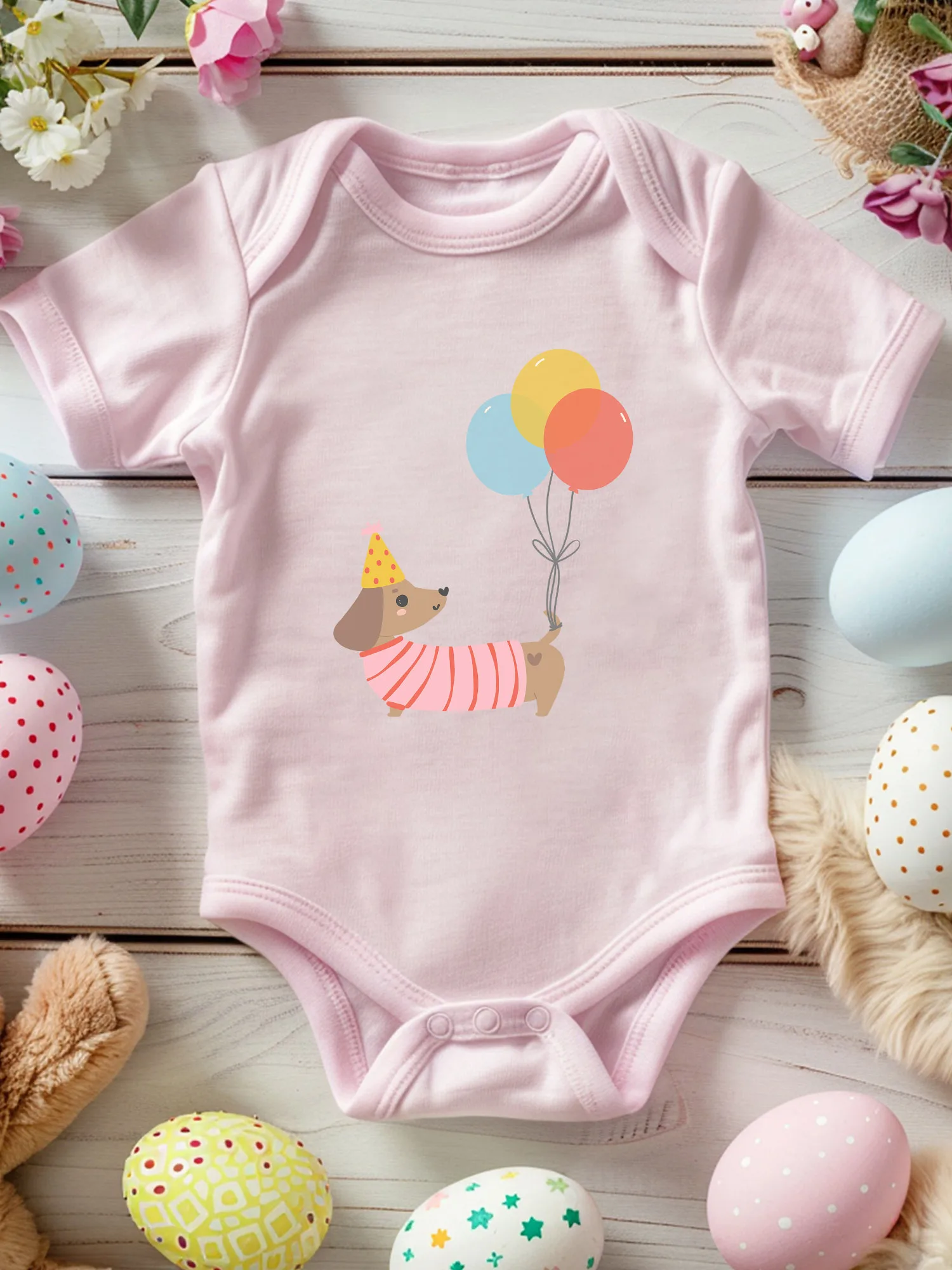 

Balloons And Dachshund Unisex Baby Crawling Suit, 100% Cotton Soft Onesie, All-Season Wear Pink Bodysuit 190GSM