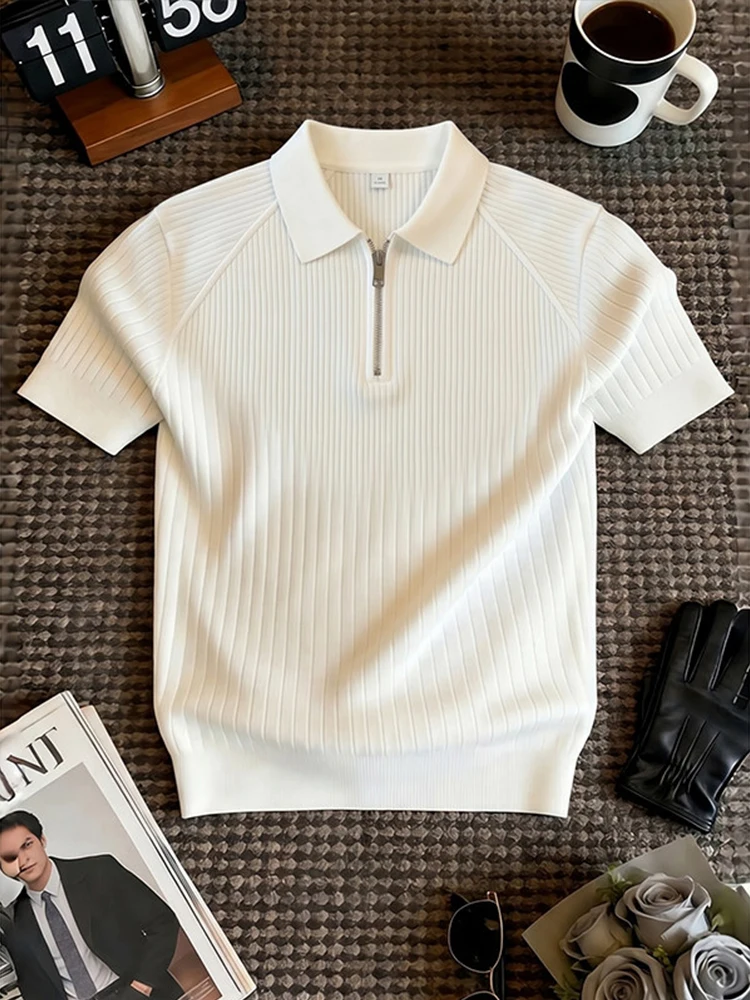 Men's  Shirt Texture Half Zip Short Sleeve Summer Deconstructed Patchwork Shoulder T-Shirt Mature Stable Collar Half Sleeve