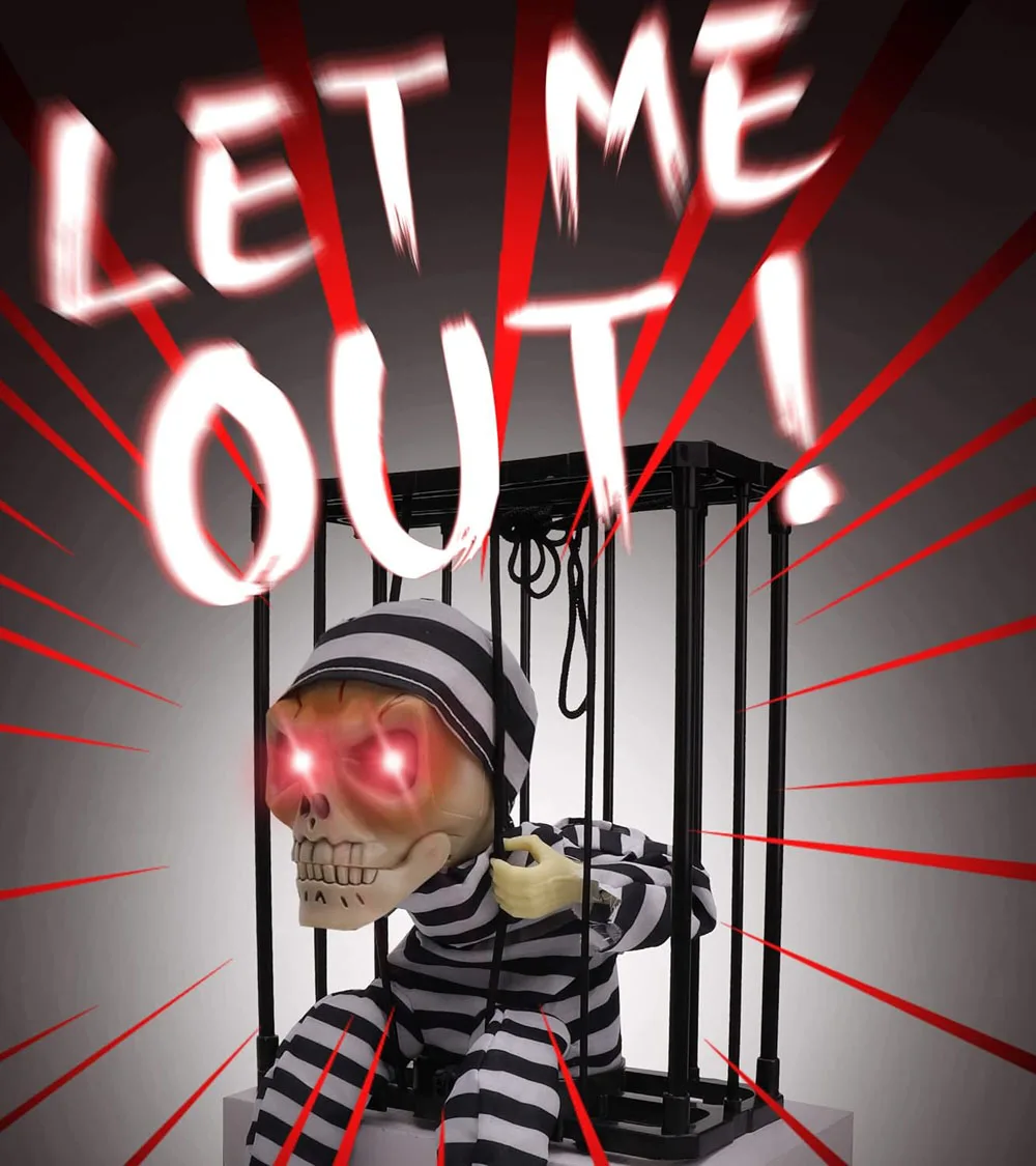 Halloween Scary Skeleton Prisoner Talking Let Me Out With Light Animatronic Prank Speaking Props Hangable Ghost Halloween Decor view 6