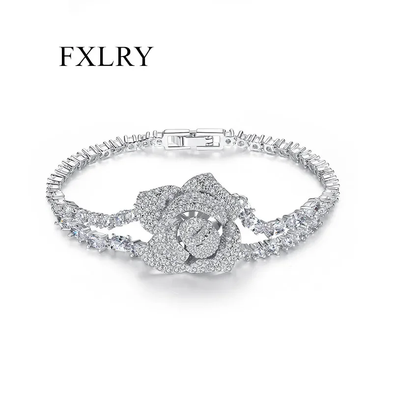 

FXLRY Romantic Jewelry White Color Cubic Zircon Geometric Flowers Shape Bracelets Wedding Bride For Women ACCESSORY