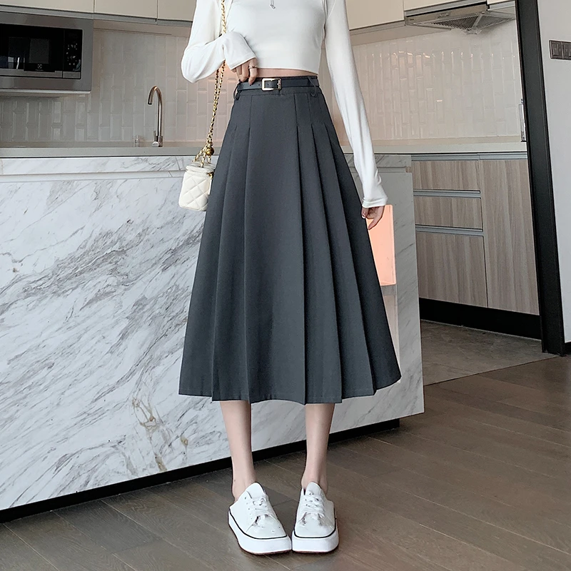 Seoulish Vintage Pleated Women's Suit Skirts with Belt Elegant Spring Summer Solid Color Office Lady Casual A-line Skirts Female