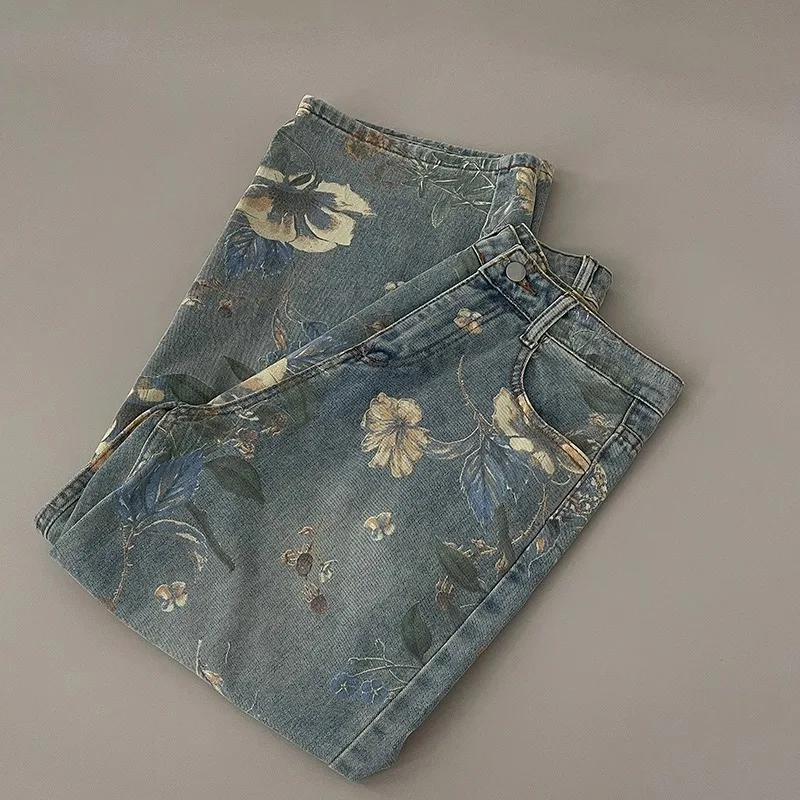 

High Street Printed Jeans For Men Floral Pattern Blue Denim Pants American Fashion Retro Female Straight Wide Leg Trousers