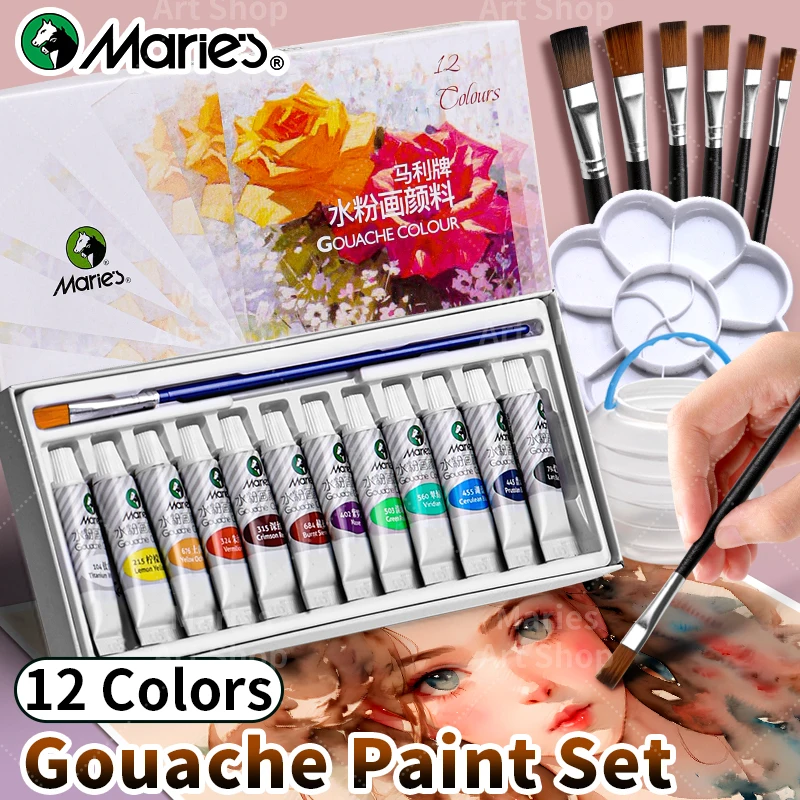 12 Colors Marie's Gouache Paint Set with 1pc Paintbrush,5ml/Tubes for Painting,Canvas,Paper,DIY,Gift for Hobbists, Artists