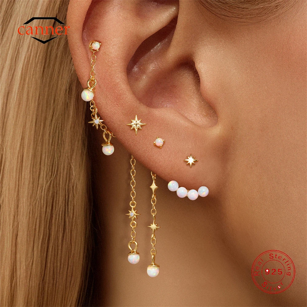CANNER 1PC 925 Sterling Silver Eight-pointed Star Long Chain Tassel Opal Drop Earring For Women Minimalism Geometric Earring