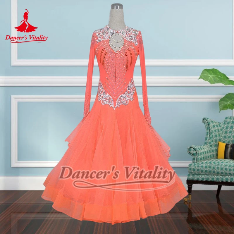 Adult&Child Waltz Shrimp Pink and Orange Graceful Big Swing Dress Customize Dancer's Vitality Ballroom Dance Professional Outfit