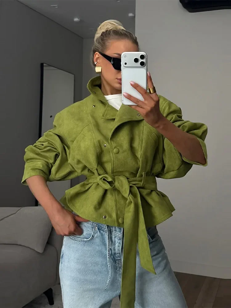 Damenmäntel mit Stehkragen, Schnürung an der Taille, kurze Windjacke, Frühlingsjacke für Damen, langärmlig, schmal geschnitten, modische neue Oberbekleidung – Detail 17