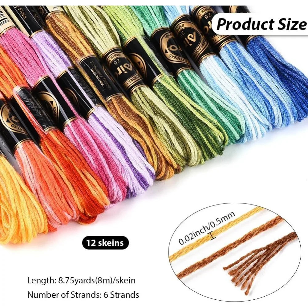 12 Skeins 6 Strands Rainbow Color Embroidery Thread Colorful Variegated Friendship Bracelet String Polyester Gradient Stitch
