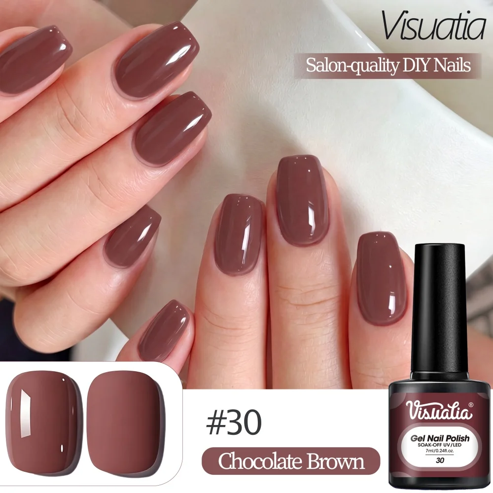 Visuatia # 30 Chocolate Brown Solid Color Gel Polish, 7ml Removable Nail Polish. Classic Maillard color series, with rich layers when applied thinly or thickly. It can be used directly for single-color manicures or as a base for other designs. It provides even color application and stable color retention, making it a must-have color for autumn and winter manicures.