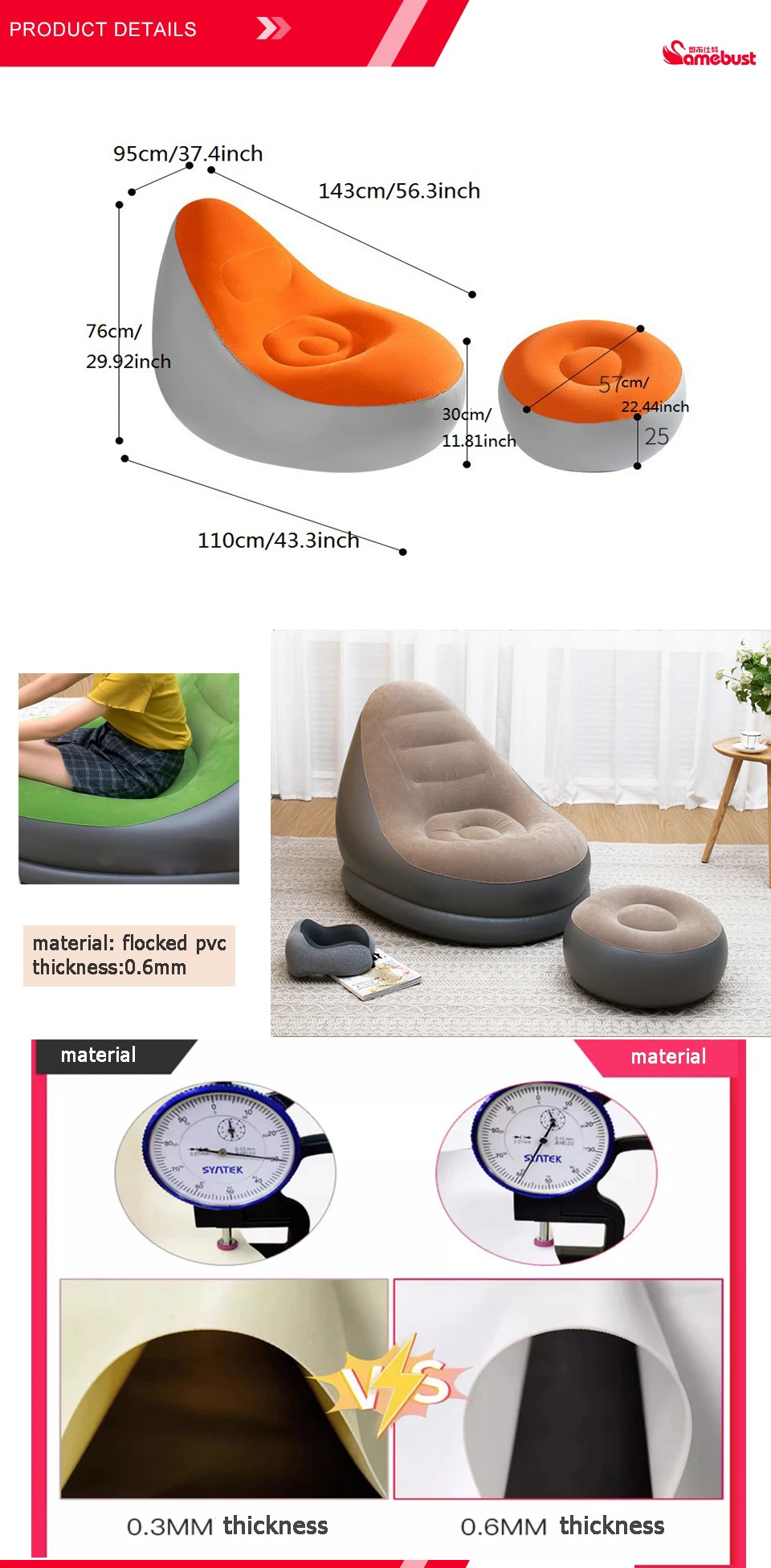 Camebsut Lazy Couch Sofas Inflatable Chair Foldable Recliner Outdoor Sofa Bed Footstool Portable Air Bed Lunch Lounge Chair