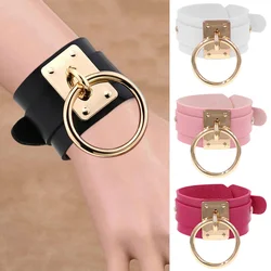 Gold Color Punk Round Rings Leather Bracelets for Women Girls Gothic Anime Wide Bracelet Bangles Men Party Jewelry Gift