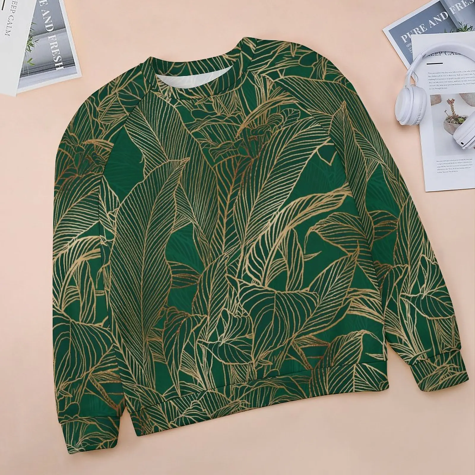 Plants Design Hoodies Lady Long Sleeve Green Gold Leaves Retro Casual Hoodie Cheap Hip Hop Oversized Custom Sweatshirts