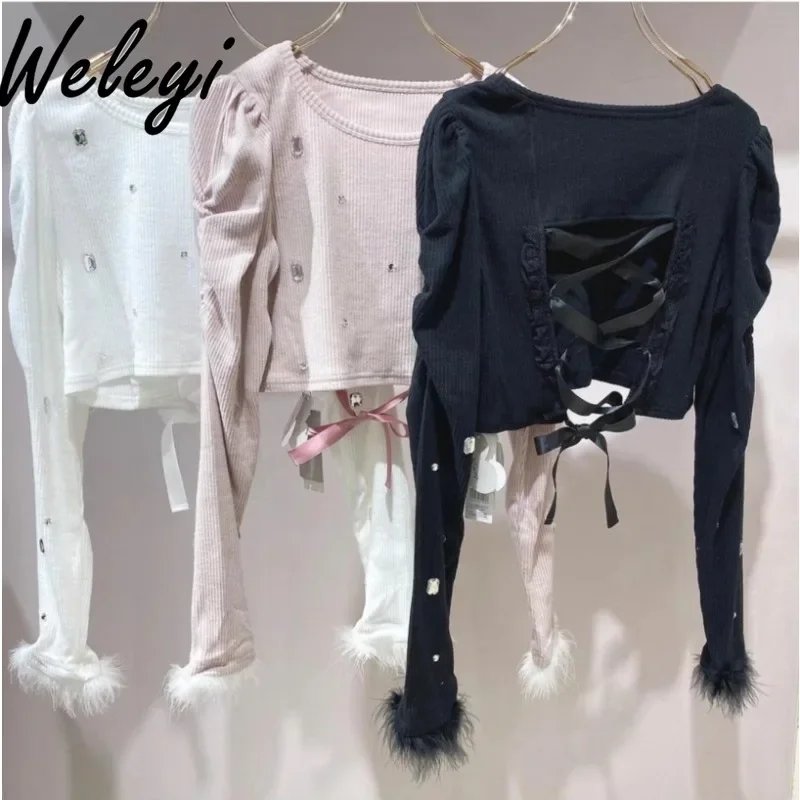 

Japanese Blouses for Women Fashion 2024 Mines Handmade Nail Drill Removable Terry Long Sleeve Backless Super Short Versatile Top