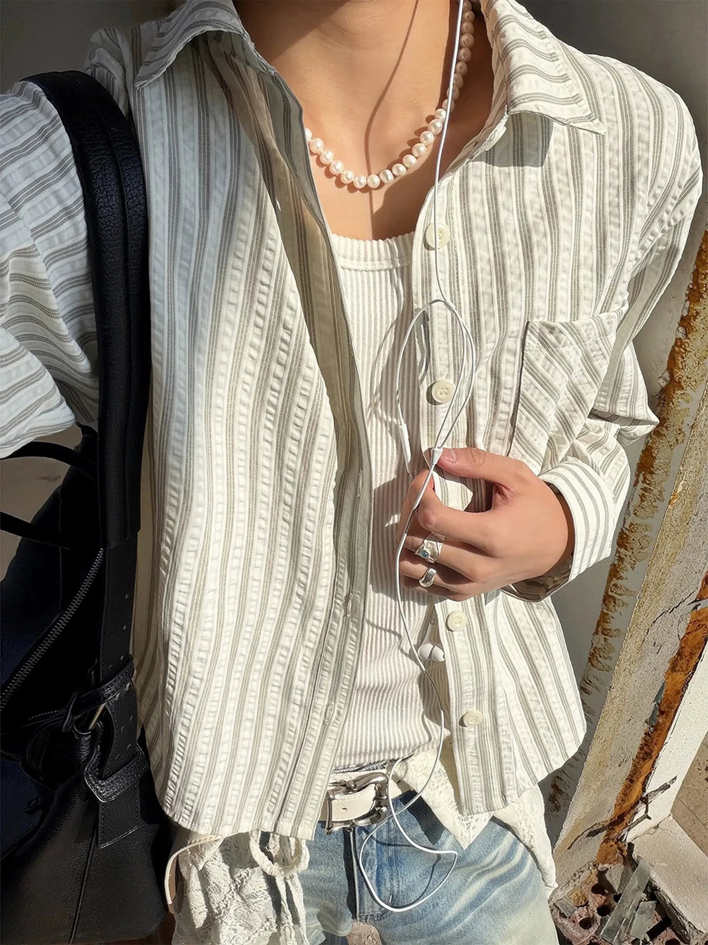 

Men's Long Sleeve Bubble Shirt Spring Summer Cleanfit High Sensitivity Stripe Sun Protection Outerwear Casual Loose Fit Print...