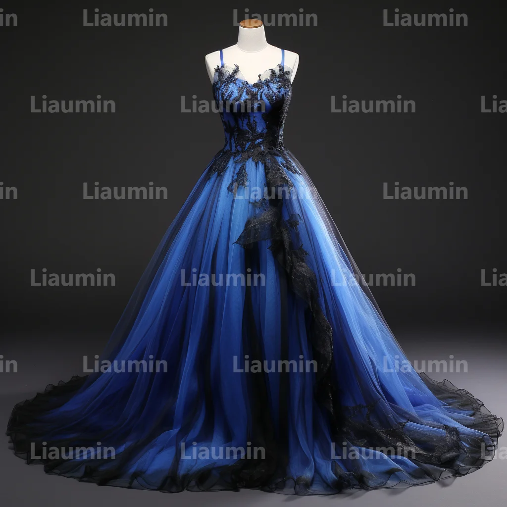 Blue Tulle And Black Strapless Evening Dress Prom Gowns A Line Full Length Formal Brithday Party Occasion Lace Up Hand Made A2-1