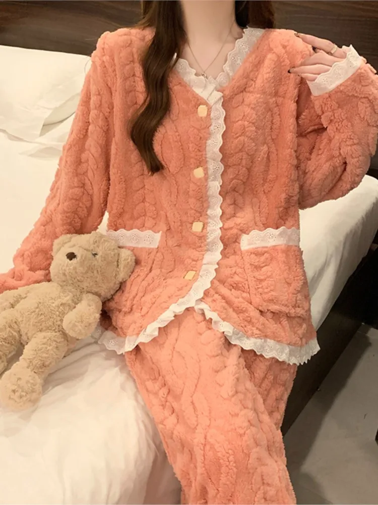 

Winter Female Warm Homewear Two-piece Set Fashion Lace Trim Single-breasted Coat Pant Nighty Suit Ladies Sweet Pajamas Outfit