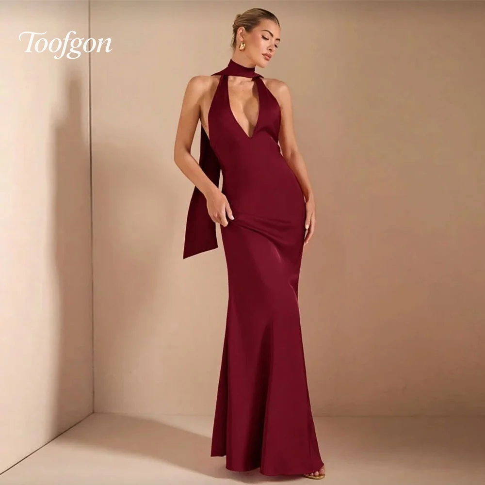 Toofgon بسيط عنابي طويل فساتين لحضور الحفلات الموسيقية مخصص حورية البحر فستان سهرة مفتوح الظهر مثير لينة الساتان فساتين الزفاف الخطوبة