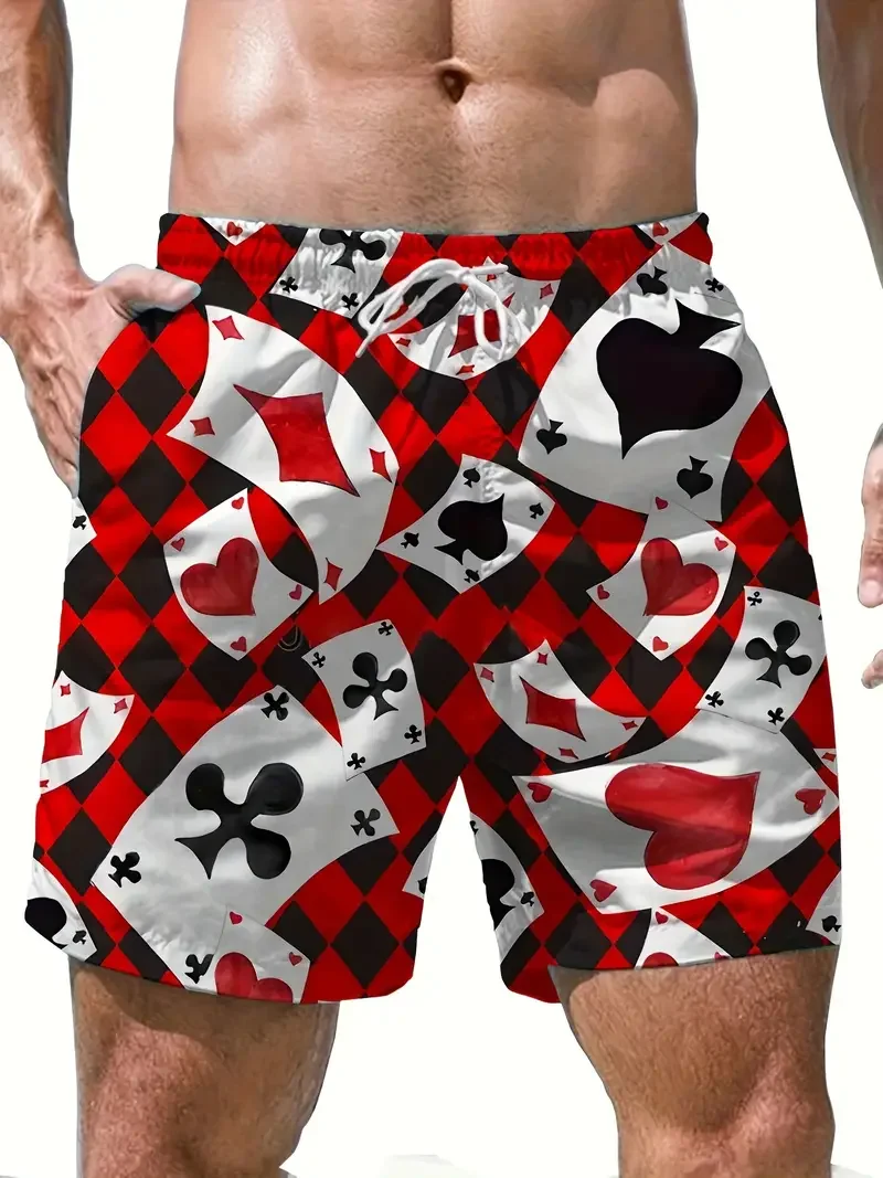 Men's beach shorts Red and White Poker patterns 3D Printed  Board Shorts Summer Swim Trunks Elastic Waist Drawstring Hawaiian