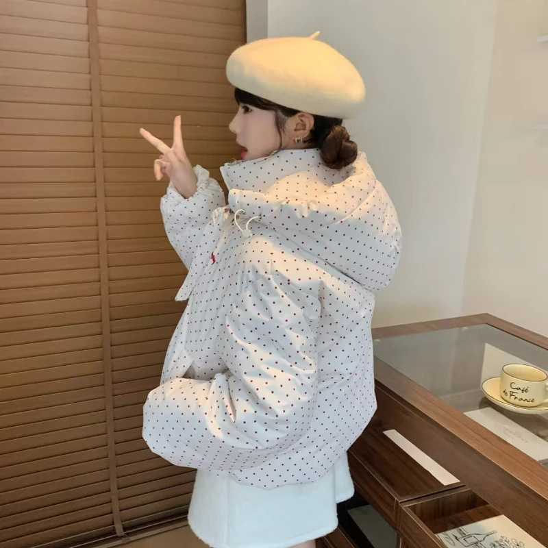 2025 أنثى الشتاء سميكة الدافئة تنوعا معطف الحلو كسول البولكا نقطة مطبوعة القوس مقنعين سترة قطن كلية نمط الخبز سترات