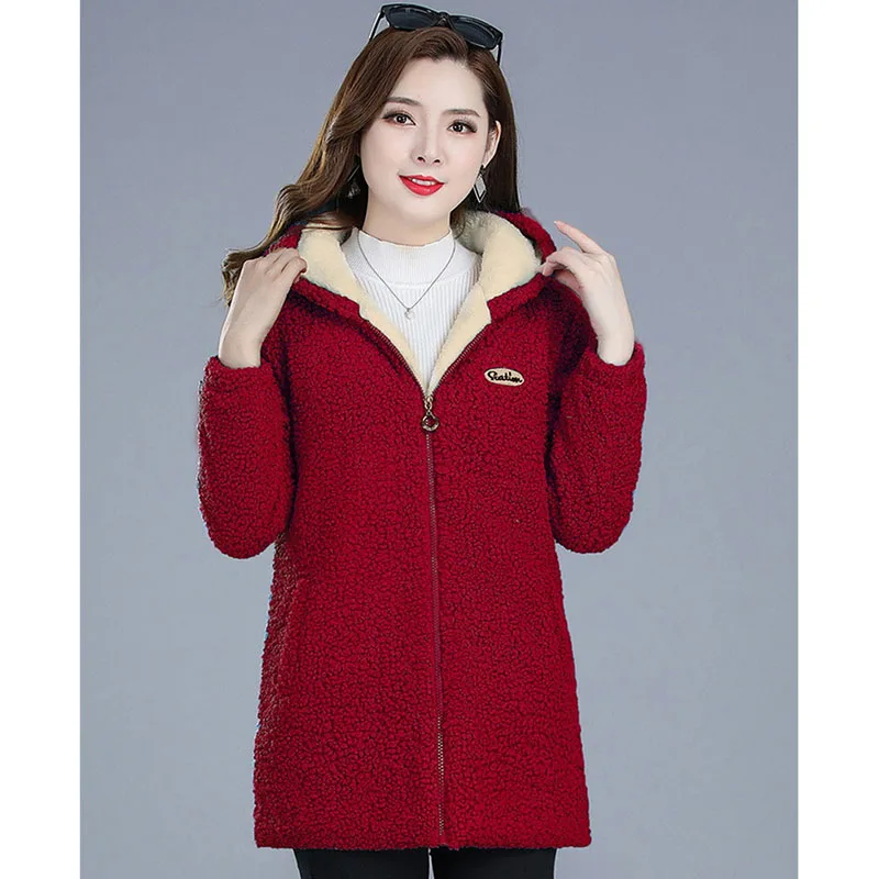 Lamb Wool Cotton Coat Jacket  Mid Length Winter Coat for Middle-aged and Elderly Women Thicken Warm Parka Coats Large Size
