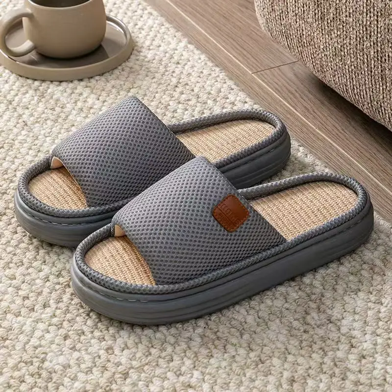 Men Thick Sole One Word Big Size Linen Slippers Four Seasons New Lightweight Breathable Non Slip Home Slippers Floor Slippers