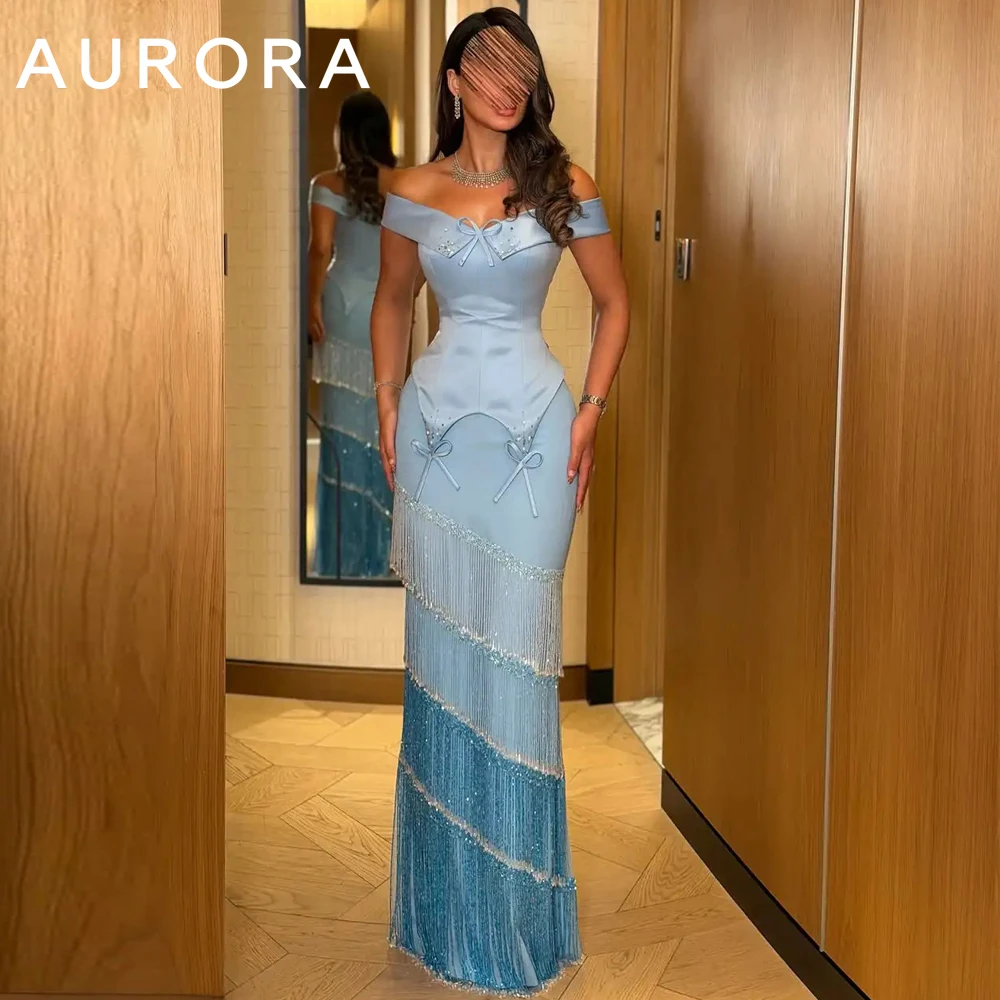 Aurora Exquisite Blue Off Shoulder Mermaid Prom Dress Corset Bow Gradient Tassel Elegant Formal Evening Gown Dress Customized