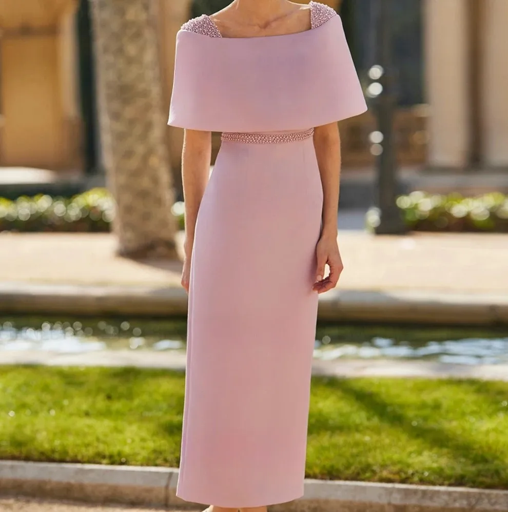 

2025 Fashion Pearls Mother of The Bride Dress Customized Off The Shoulder Ankle Length Sheath Wedding Guest Gown Party Dresses