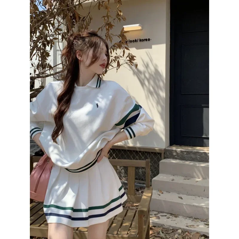 طقم رياضي كاجوال مكون من قطعتين تنورة قصيرة سويت شيرت أنيق مخطط Preppy Sweet Spicy Girl موضة ربيع الخريف #3