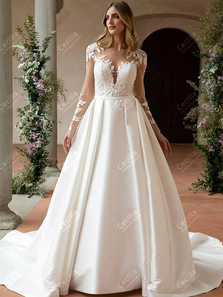 Elegant Wedding Dresses A Line Satin Bridal Gowns Lace Appliques Full Sleeves Robe For Formal Party Customized Vestidos De Novia