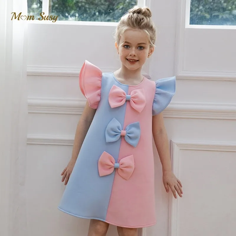 

Fashion Baby Girl Princess Fly Sleeve Dress Toddler Child Bow Dress Pink Blue Color Blocking Birthday Party Baby Clothes 2-10Y